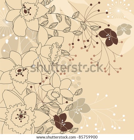 Contour background with daffodils and forest plants. Raster version.