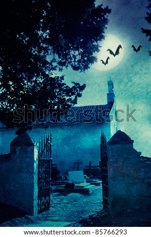 Halloween illustration with spooky graveyard and full moon