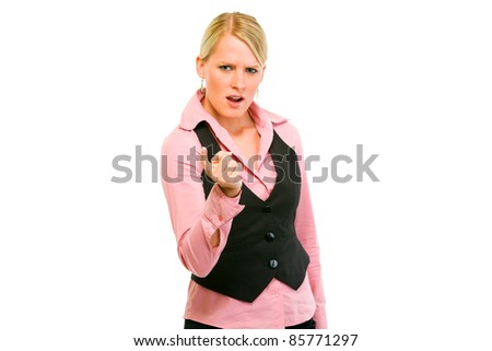 Angry business woman shaking finger isolated on white