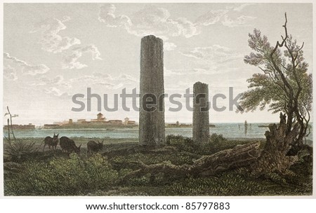 Temple of Jupiter ruins, Syracuse, Sicily. Created by De Wint and Wallis, printed by McQueen, publ. in London, 1821. Ed. on Sicilian Scenery, Rodwell and Martins, London, 1823