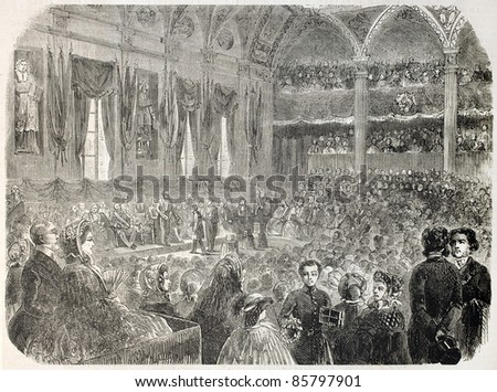 Prize giving ceremony inside the Sorbonne, Paris. By unidentified author, published on L'Illustration, Journal Universel, Paris, 1860