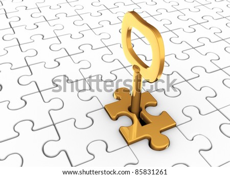 Jigsaw puzzle piece with key in keyhole. This is a 3d render illustration