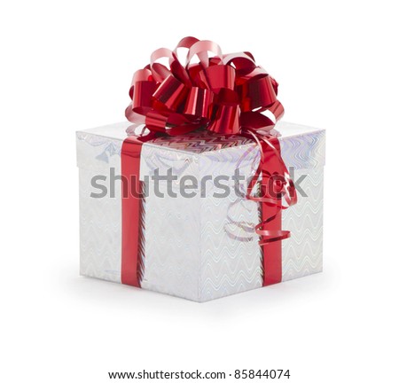 Single silver gift box with red ribbon on white background.