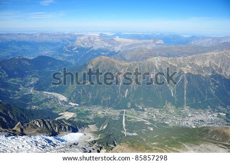 Bird view of Chamonix and nearby valleys from Monte Blanc
