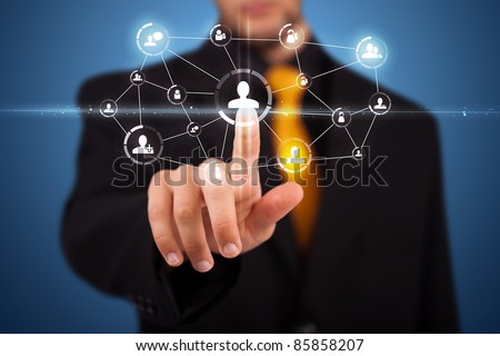 Businessman pressing modern social buttons on a virtual background Royalty-Free Stock Photo #85858207