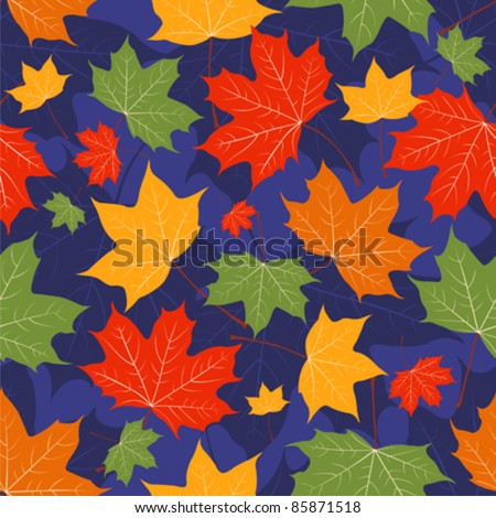 Autumn leaves of a maple on dark blue. Seamless pattern. Vector background
