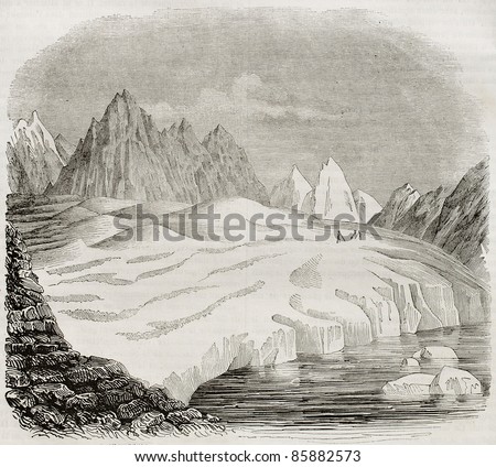 Great Altetsch Glacier old view, Canton of Valais, Switzerland. By unidentified author, published on Magasin Pittoresque, Paris, 1842