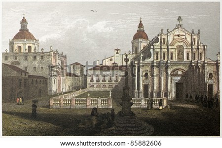 Elephant square old view, Catania, Sicily. Created by De Wint and Goodall, printed by McQueen, publ. in London, 1821. Ed. on Sicilian Scenery, Rodwell and Martins, London, 1823