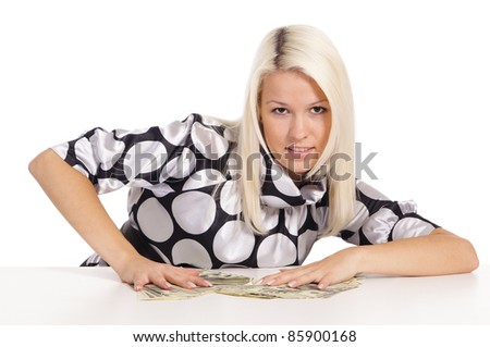 portrait of a cute blonde with money