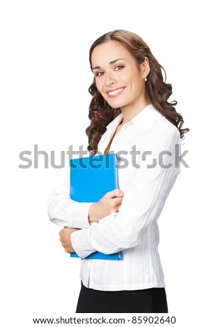 Portrait of happy smiling business woman with blue folder, isolated on white background