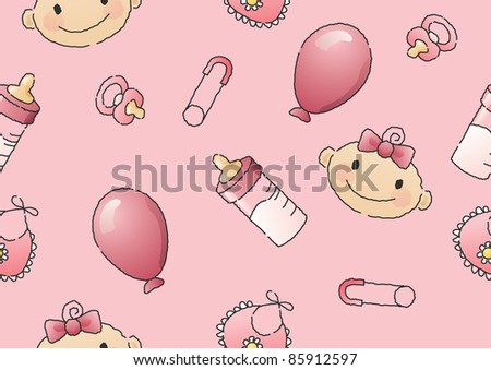 Hand-drawn seamless JPEG illustration of a baby's head and baby items. Also available as vector file.