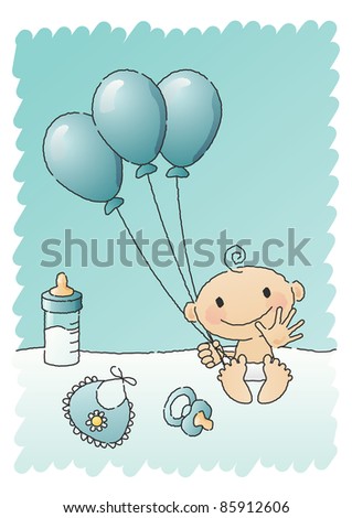 Hand-drawn JPEG illustration of a baby boy with baby items, such as a bottle of milk, a napkin, a pacifier and balloons.  Also available as vector file.