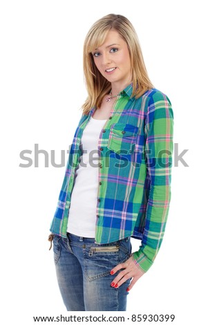 Happy attractive blonde female in shirt and jeans shoot over white background