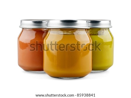 Three jars of baby food on white background Royalty-Free Stock Photo #85938841