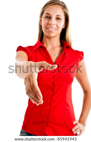 Young woman offering a handshake isolated on white