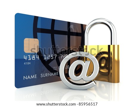Credit card ,arobase sign and a padlock on white background , 3d illustration