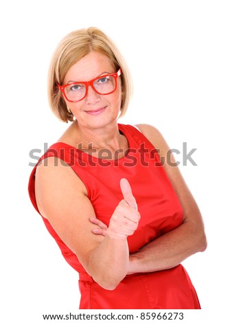A portrait of a mature elegant woman showing "ok" sign over white background