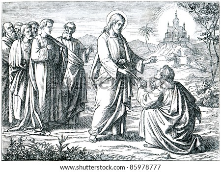Antique engraving, "Christ Giving the Keys of Paradise to St. Peter". The book "History of the Church", 1880