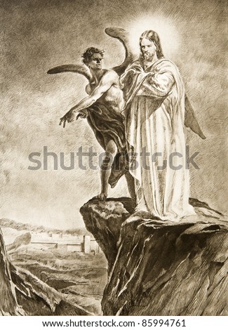 The lithography of Temptation of Christ on desert - drawing Royalty-Free Stock Photo #85994761