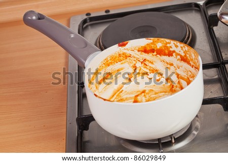 Cooking pan on the stove with remains of the tomato soup