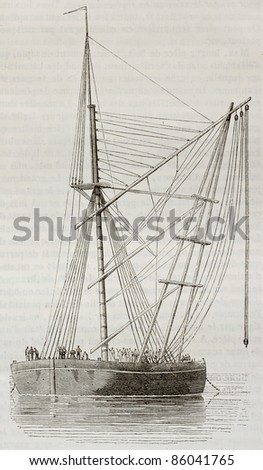 Crane boat old illustration. By unidentified author, published on Magasin Pittoresque, Paris, 1842