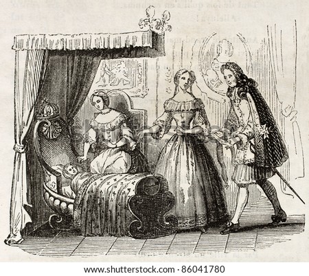 Louis XV birth in 1710, old illustration. By unidentified author, published on Magasin Pittoresque, Paris, 1842