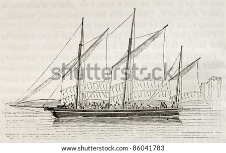 Sailing barge old illustration. By unidentified author, published on Magasin Pittoresque, Paris, 1842