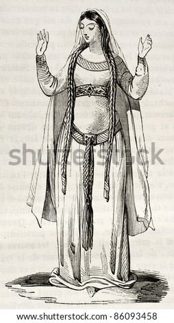 Frankish woman old illustration. Created by Montfaucon, published on Magasin Pittoresque, Paris, 1842