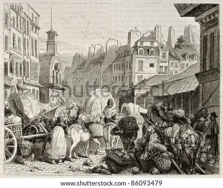 Les Halles old view, Paris. Created by Girardet, published on Magasin Pittoresque, Paris, 1842