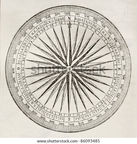 Wind rose old illustration. By unidentified author, published on Magasin Pittoresque, Paris, 1842 Royalty-Free Stock Photo #86093485