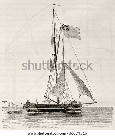 Yacht old illustration. By unidentified author, published on Magasin Pittoresque, Paris, 1842