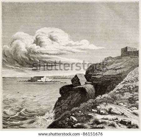 Francois-Rene de Chateaubriand tomb in front of the sea in Grand Be, near Saint-Malo, France. By unidentified author, published on Magasin Pittoresque, Paris, 1842