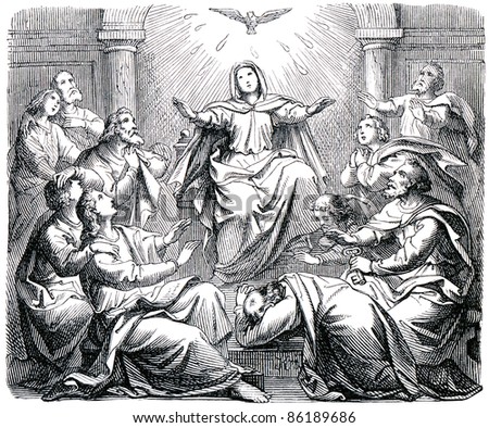 Old engraving. Pentecost. The book "History of the Christian Religion", 1880