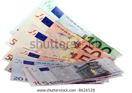 European Currency An isolated shot of Euro banknotes in all sizes. A lot of white space for text.