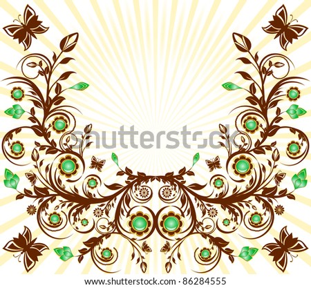 floral ornament background with sun and  butterflies. Raster version