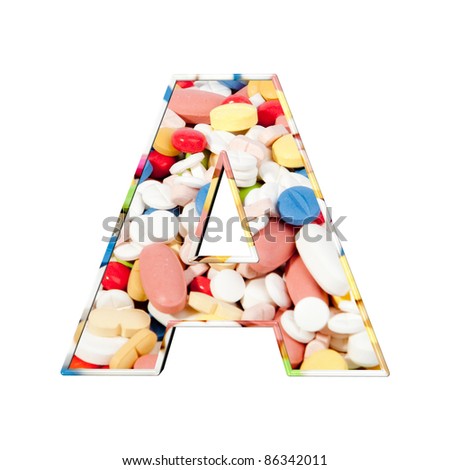 Medical font. alphabet made of medical pills. Colorful tablets with capsules. letter A