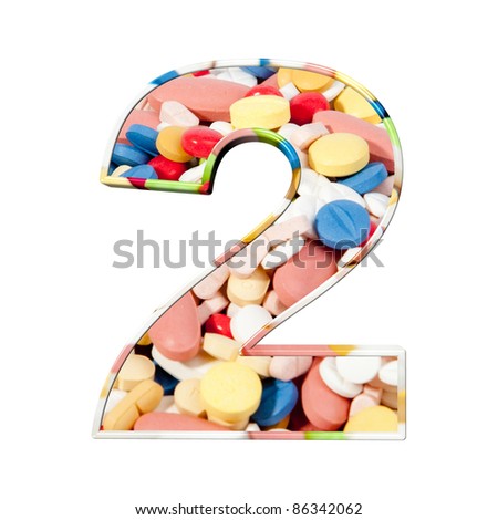 Medical font. alphabet made of medical pills. Colorful tablets with capsules. number 2