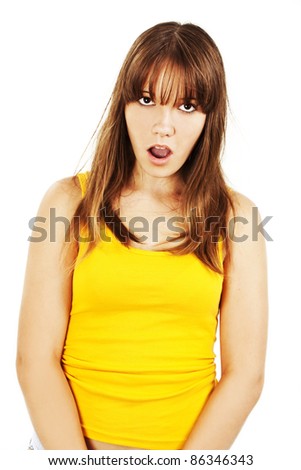 Portrait of attractive surprised excited scared, terrified teenage girl. Isolated over white background