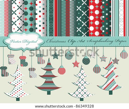 set of Christmas vector paper and clip art for scrapbook