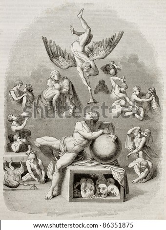 Human life dream allegoric representation. Created by Michelangelo, engraved by Best, Andrew and Leloir, published on Magasin Pittoresque, Paris, 1843