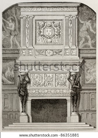 Fointainbleau palace dancing hall fireplace, old illustration. By unidentified author, published on Magasin Pittoresque, Paris, 1843
