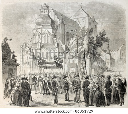 Charles XV crowned king of Norway coming out the church of  Trondheim. Created by Janet-Lange after Dardel, published on L'Illustration, Journal Universel, Paris, 1860