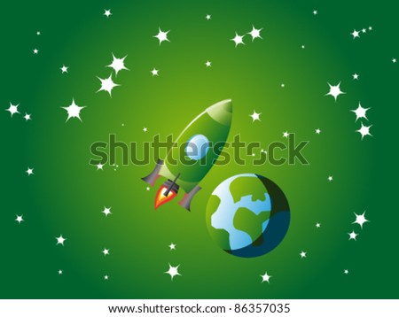 Small green rocket orbiting little stylized planet Earth in green universe