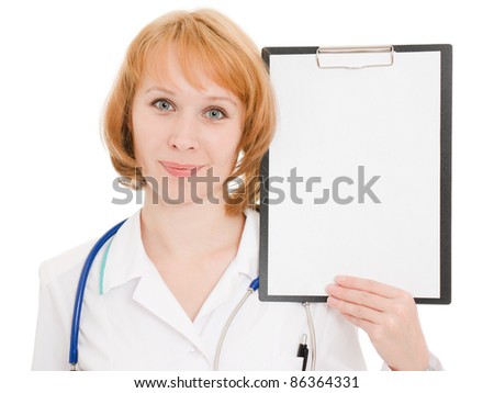 Doctor with clipboard on a white background.