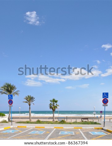 Handicap Parking at Mediterranean Beach in Urbanova a Costa Blanca City in the province of Alicante Spain Europe