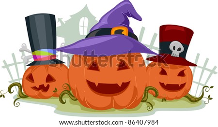 Illustration of Jack-o-Lanterns Wearing Halloween Hats