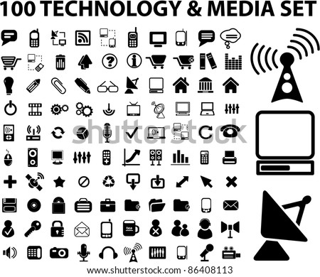 100 technology & media icons, signs, vector set