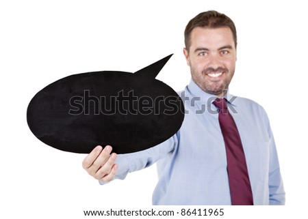 young business man holding a speech balloon over white background