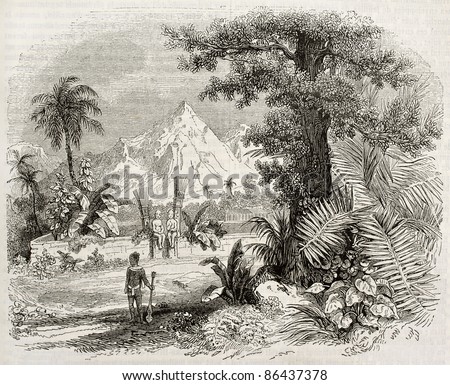 Marquesas Islands old view: Heiau (Hawaian temple) in Nuku Hiva isle. Created by Marville, published on Magasin Pittoresque, Paris, 1843