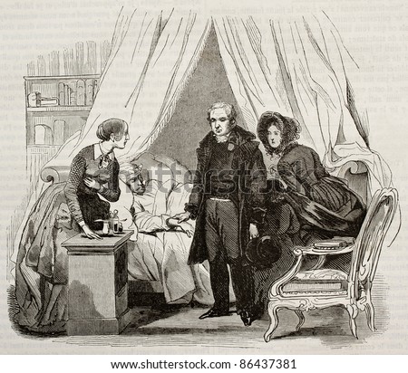Doctor visiting ill man. Created by Lamy, published on Magasin Pittoresque, Paris, 1843